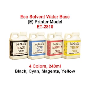 Puede incluir: Cuatro botellas de tinta de 240 ml cada una, en negro, cian, magenta y amarillo, con base de agua eco-solvente. Las botellas blancas tienen asas y etiquetas codificadas por color. Texto: "Ink 4YouLV" y "ET-2810".