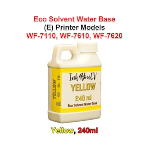 Puede incluir: Una botella de plástico blanco de tinta amarilla para impresoras. La etiqueta dice "Ink 4 You LV YELLOW 240 ml Eco Solvent Water Base". La botella tiene un asa y una tapa blanca. El texto superior dice "Eco Solvent Water Base (E) Printer Models WF-7110, WF-7610, WF-7620."