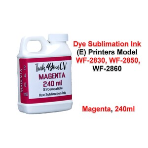 Pode incluir: Uma garrafa de pl&aacute;stico branco de tinta de sublima&ccedil;&atilde;o magenta, rotulada "Ink 4 Youl V" com "MAGENTA 240 ml." O texto tamb&eacute;m inclui "(E) Compatible Dye Sublimation Ink" e os n&uacute;meros dos modelos de impressora.