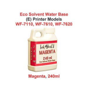 Puede incluir: Una botella de plástico blanco de tinta magenta para los modelos de impresora WF-7110, WF-7610 y WF-7620. La botella tiene una etiqueta roja con el texto "Ink 4 You LV MAGENTA 240 ml Eco Solvent Water Base". También es visible el texto "Magenta, 240ml".