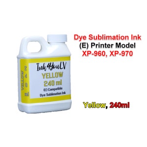 May include: A white plastic bottle containing 240 ml of yellow dye sublimation ink. The label reads "Ink4youLV" and "YELLOW". Compatible with printer models XP-960 and XP-970.