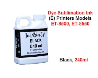 Pode incluir: Uma garrafa de plástico branco de tinta de sublimação preta, rotulada como "Ink4YouLV BLACK 240 ml". A garrafa é compatível com os modelos de impressora ET-8500 e ET-8550. O texto "Black, 240ml" também é visível.