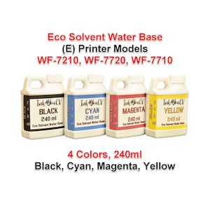 Puede incluir: Cuatro botellas de tinta de impresora en negro, cian, magenta y amarillo. Cada botella está etiquetada con la marca "Ink 4YouLV" y contiene 240 ml de tinta eco-solvente a base de agua. La imagen también muestra los modelos de impresora WF-7210, WF-7720 y WF-7710.
