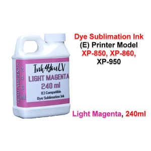 May include: A white plastic bottle containing 240 ml of light magenta dye sublimation ink. The bottle has a handle and a pink label with the text "Ink 4YouLV LIGHT MAGENTA". The text "Dye Sublimation Ink" and printer model numbers are also visible.