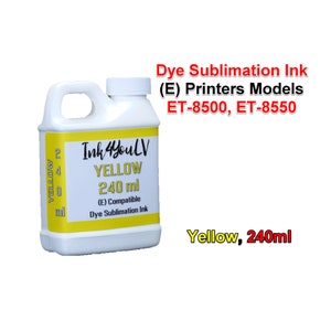May include: A white plastic bottle of yellow dye sublimation ink, labeled "Ink 4 Youl V" with "YELLOW 240 ml" and "(E) Compatible Dye Sublimation Ink". The bottle is for ET-8500 and ET-8550 printers.