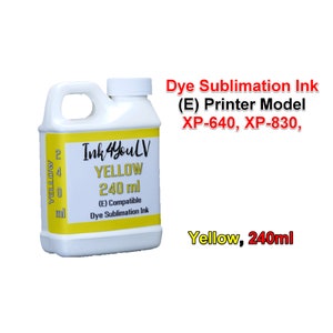 May include: A white plastic bottle of yellow dye sublimation ink, labelled "Ink4youLV YELLOW 240 ml." The bottle has a handle and a white cap. Text on the bottle indicates compatibility with printer models XP-640 and XP-830. The bottle contains 240 ml of yellow ink.