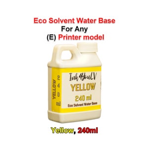 Puede incluir: Una botella de plástico blanco de tinta amarilla para impresoras. La etiqueta dice "Ink4YouLV YELLOW 240 ml Eco Solvent Water Base". La botella también tiene el texto "Yellow, 240ml" y "Eco Solvent Water Base For Any (E) Printer model."
