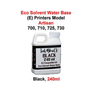Puede incluir: Una botella de plástico blanco de tinta negra con asa y tapón blanco. La etiqueta dice "Ink 4 YouLV BLACK 240 ml (E) Compatible Ink Eco Solvent Water Base". El texto adicional incluye "Eco Solvent Water Base (E) Printers Model Artisan 700, 710, 725, 730" y "Black, 240ml".