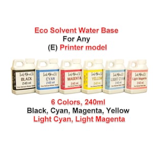 Puede incluir: Seis botellas de tinta Eco Solvent Water Base para impresoras, cada una etiquetada con un color diferente: Negro, Cian, Magenta, Amarillo, Cian claro y Magenta claro. Cada botella contiene 240 ml de tinta.