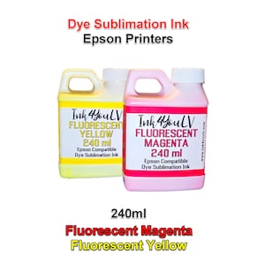 May include: Two bottles of dye sublimation ink for Epson printers. One is fluorescent yellow, the other is fluorescent magenta. Each bottle contains 240 ml of ink and is labeled "Ink 4 YouLV".
