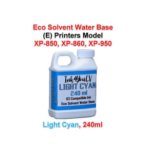 May include: A white plastic bottle of light cyan ink for printers. The bottle has a handle and a screw-on cap. Text on the bottle reads "Ink4YouLV LIGHT CYAN 240 ml (E) Compatible Ink Eco Solvent Water Base". Additional text: "Eco Solvent Water Base (E) Printers Model XP-850, XP-860, XP-950".