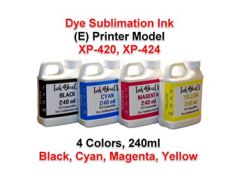 Puede incluir: Cuatro botellas de tinta de sublimación en negro, cian, magenta y amarillo. Cada botella contiene 240 ml de tinta y está etiquetada con la marca "Ink 4 YouLV". El texto "Dye Sublimation Ink" y el modelo de impresora XP-420, XP-424 también son visibles.