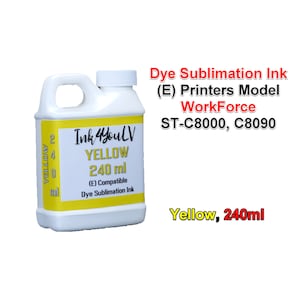 May include: A white plastic bottle of yellow dye sublimation ink for printers. The bottle has a handle and a yellow label with the text "Ink4youLV YELLOW 240 ml". The bottle is labeled "(E) Compatible Dye Sublimation Ink".