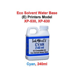 May include: A white plastic bottle of cyan printer ink with a handle and a white cap. The label reads "Ink 4 YouLV CYAN 240 ml (E) Compatible Ink Eco Solvent Water Base". The text "Cyan, 240ml" is also displayed. The bottle contains 240 ml of ink.