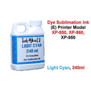 May include: A white plastic bottle of light cyan dye sublimation ink, 240 ml, for specific printer models. The bottle has a handle and a blue label with the text "Ink 4YoulV" and "LIGHT CYAN". Additional text includes "(E) Compatible Dye Sublimation Ink".