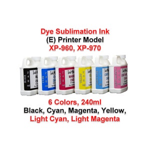 May include: Six bottles of dye sublimation ink in black, cyan, magenta, yellow, light cyan, and light magenta. Each bottle contains 240 ml of ink. The text on the bottles reads "Ink 4" and "Dye Sublimation Ink".