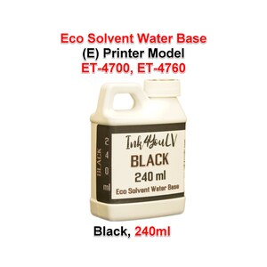 Könnte beinhalten: Eine weiße Kunststoffflasche mit schwarzer Tinte für Drucker. Auf dem Etikett steht "Ink 4 YouLV BLACK 240 ml Eco Solvent Water Base". Die Flasche hat einen Griff und einen weißen Deckel. Der Text "Black, 240ml" ist ebenfalls sichtbar.