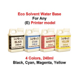 Puede incluir: Cuatro botellas de tinta Eco Solvent Water Base para impresoras. Cada botella está etiquetada con un color diferente: Negro, Cian, Magenta y Amarillo. Cada botella contiene 240 ml de tinta. El texto "Ink 4YouLV" está impreso en cada botella.