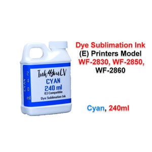 Pode incluir: Uma garrafa de pl&aacute;stico branca de tinta de sublima&ccedil;&atilde;o ciano, rotulada "Ink 4YouLV" com "CYAN 240 ml" e compat&iacute;vel com as impressoras WF-2830, WF-2850 e WF-2860. A garrafa tem uma pega e uma tampa branca.