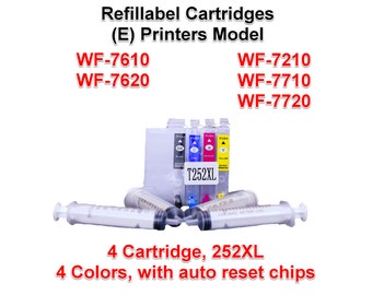 4 Refillable Ink Cartridges 252XL for (E) Printers model wf-7610, wf-7620, wf-7210, wf-7710, wf-7720
