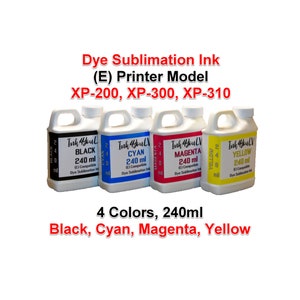 May include: Four bottles of dye sublimation ink in black, cyan, magenta, and yellow. Each bottle contains 240 ml of ink and is compatible with XP-200, XP-300, and XP-310 printer models. The bottles have white labels with the brand name and color.