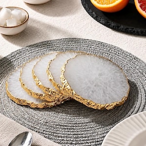 Natural White Agate Coaster | Gold Electroplated Coaster | Gift For Her Him | Coffee Home Decor Table Ware | Unique Crystal Coaster Slice