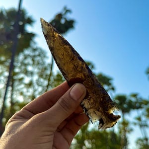 May include: A dark brown, translucent arrowhead with a pointed tip and a jagged edge. The arrowhead is held in a hand against a blue sky background.