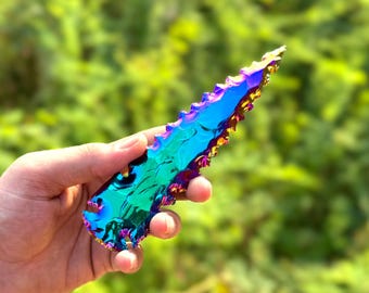 6" Titanium Aura Arrowhead, Hand-Knapped Aura Coated Arrowhead, Rainbow Obsidian Spearhead, Crystal Arrowhead for Meditation & Décor, Gifts