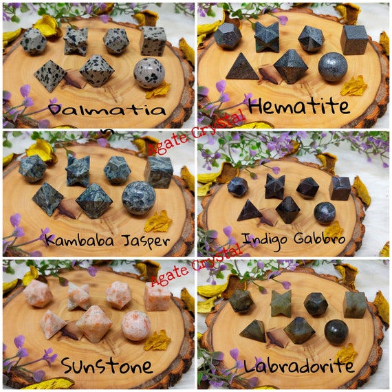 Set of 5 Gemstone Chakra Platonic Solids Shapes Set of 5 Gemstone Chakra Platonic Solids Shapes