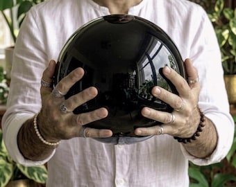 Stor anpassad svart obsidiankristallkula | Stor kristallkula för healing, meditation och dekoration | Gratis mystisk kristallgåva ingår