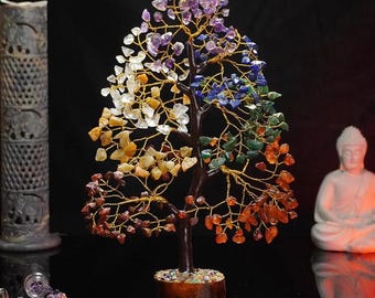 7 Chakra Baum des Lebens, handgefertigter Kristallbaum für positive Energie, Meditation & Feng Shui, Heilstein Bonsai Geldbaum