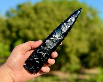 25Cm Large Black Obsidian Arrowhead, Handcrafted Arrowhead, Black Obsidian Point, Hand-Knapped Spearhead, Obsidian Blade, Crystal Gift