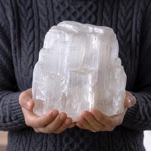 Puede incluir: Una gran torre de cristal de selenita blanca translúcida con un borde superior rugoso e irregular y estrías verticales en los lados. El espécimen mineral presenta una textura cristalina y fibrosa que capta la luz con brillo.