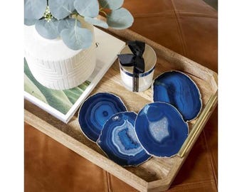 Natural Blue Agate Coaster | Gold Electroplated Coaster | Gift For Her Him | Coffee Home Decor Table Ware | Unique Crystal Coaster Slice