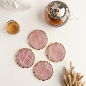 Natural Rose Quartz Coaster | Gold Electroplated Coaster | Unique Crystal Coaster Slice | home decor accent | wedding favours | Gift For Her