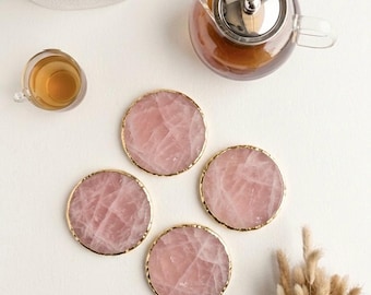 Natural Rose Quartz Coaster | Gold Electroplated Coaster | Unique Crystal Coaster Slice | home decor accent | wedding favours | Gift For Her