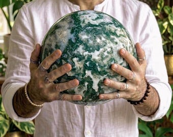 Custom Size Moss Agate Sphere | Natural Polished Moss Agate Ball | Large Green Moss Agate Crystal Sphere | Collector Display Decor | Healing
