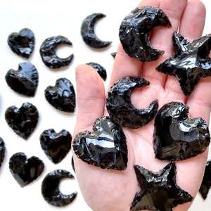 Mix Bulk Black Obsidian Crescent moon | Carved Heart | Carved Star | Gemstone Crystal Heart Star Moon | Wholesale Crystals