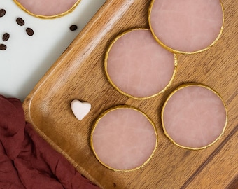 Natural Rose Quartz Coaster | Gold Electroplated Coaster | Unique Crystal Coaster Slice | home decor accent | wedding favours | Gift For Her