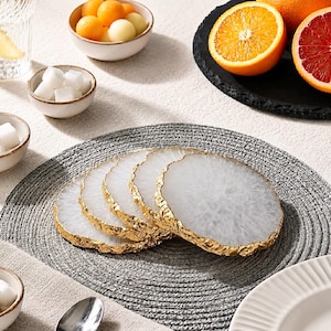 Natural White Agate Coaster | Gold Electroplated Coaster | Gift For Her Him | Coffee Home Decor Table Ware | Unique Crystal Coaster Slice