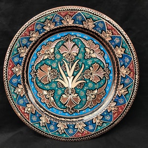 Luxury Floral Design Round Tray, Floral Wall Plate,Handmade Turkish Plate, Unique Decorative Gift for Home, Copper Wall Art, Metal Hanging