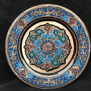 Hand Painted Engraved Copper Serving Tray, Handmade Colorful Plate, Copper Wall Decor, Inlaid Tray, Unique Home Gift, Large Home Wall Decor