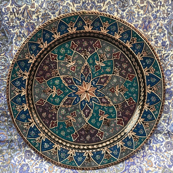 Flower Design Inlaid Copper Dish for Serving,Colorful Wall Hanging, Decorative Wall Plate, Turkish Tray, Carved Copper Tray, Fruit Plate