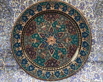 Flower Design Inlaid Copper Dish for Serving,Colorful Wall Hanging, Decorative Wall Plate, Turkish Tray, Carved Copper Tray, Fruit Plate