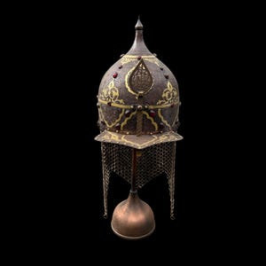 May include: An ornate, antique helmet with a pointed top, featuring intricate gold and red accents. The helmet has a chainmail neck guard and rests on a copper-colored base. The design suggests a historical or fantasy theme.