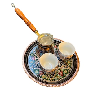Handmade Coffee Service Set for 2 Person, Engraved Copper Espresso Service Set with Decorative Round Tray, Luxury Copper Coffee Maker Set