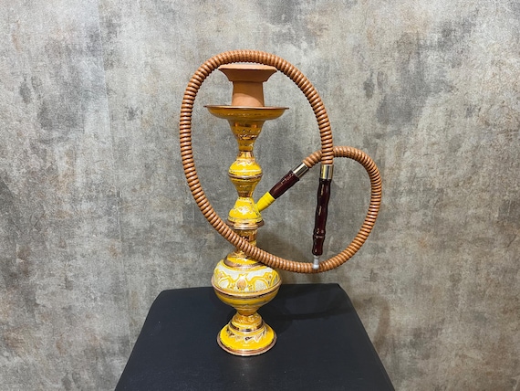 Handmade Yellow Copper Hookah, Hand Painted Turkish Hookah Set