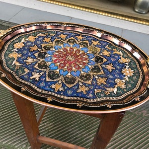 Handmade Floral Coffee Table Decor, Espresso Serving Tray, Copper Decor, Hand Painted Luxury Office Decor Gift, Decorative Oval Ottoman Tray