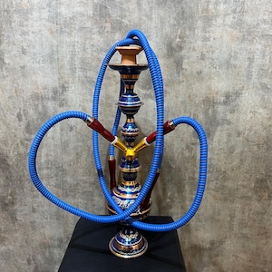 Big Blue Hookah Set, Hand Painted Copper Hookah with 2 Hose, Engraved Decorative Nargile, Blue Gift for Home, Premium Gift for Smokers
