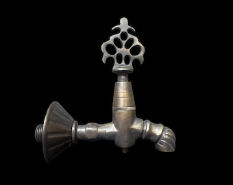 Solid Brass Wall Faucet, Ottoman Tulip Motif Spigot, Heavy Cast Garden Fountain Tap, Spa Hardware, Antique Patina Water Valve